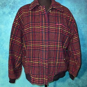 Vintage plaid wool bomber jacket embroidered logo